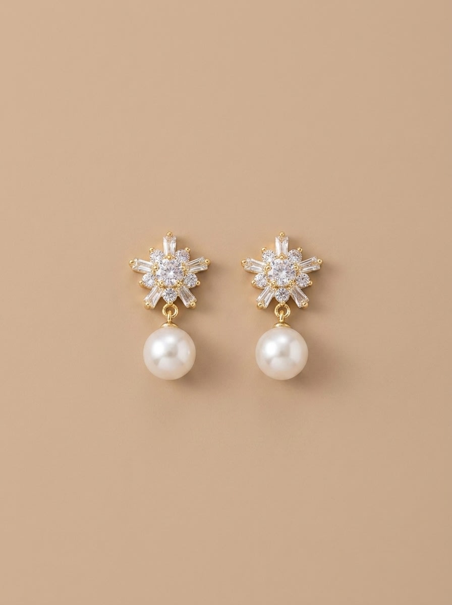 Crystal Snowflake Pearl Drop Earrings - Image 1