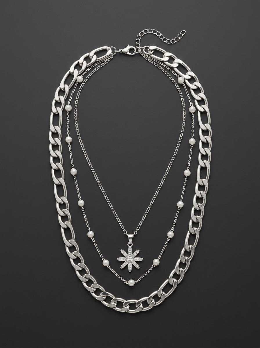 Starlight Trio Necklace – Layered Chunky Chain, Pearl & CZ Star Pendant - Image 1