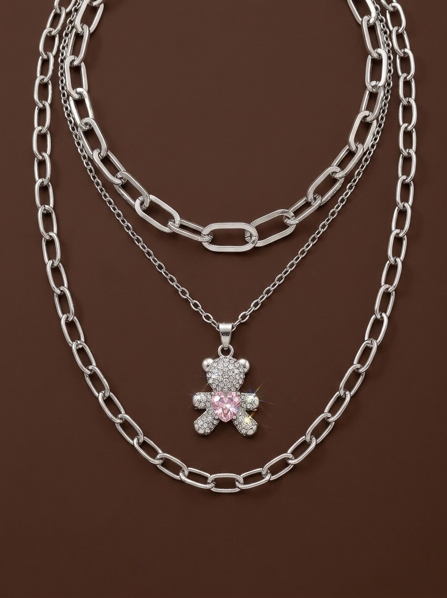 Triple Layer Paperclip Chain Teddy Bear Necklace - Image 1