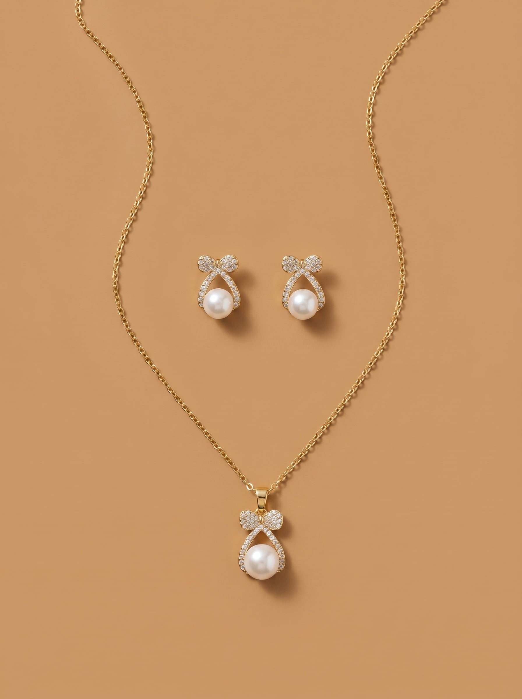 Pearl Bow Pendant Set with Matching Earring Studs